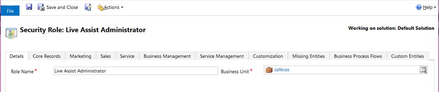 The Security Role 'Live Assist Administrator' entered into the Role Name field in the Security Role search form in Dynamics 365