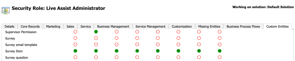 On the Custom Entities tab, all 8 possible permission types are set for the Survey Item entity. The Create permission is set for the Supervisor Permission entity