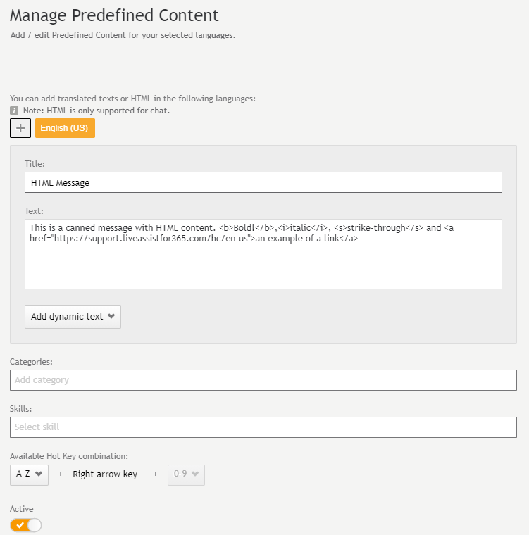 The Manage Predefined Content window in the Campaign Builder in the Engagement Portal of LAD365