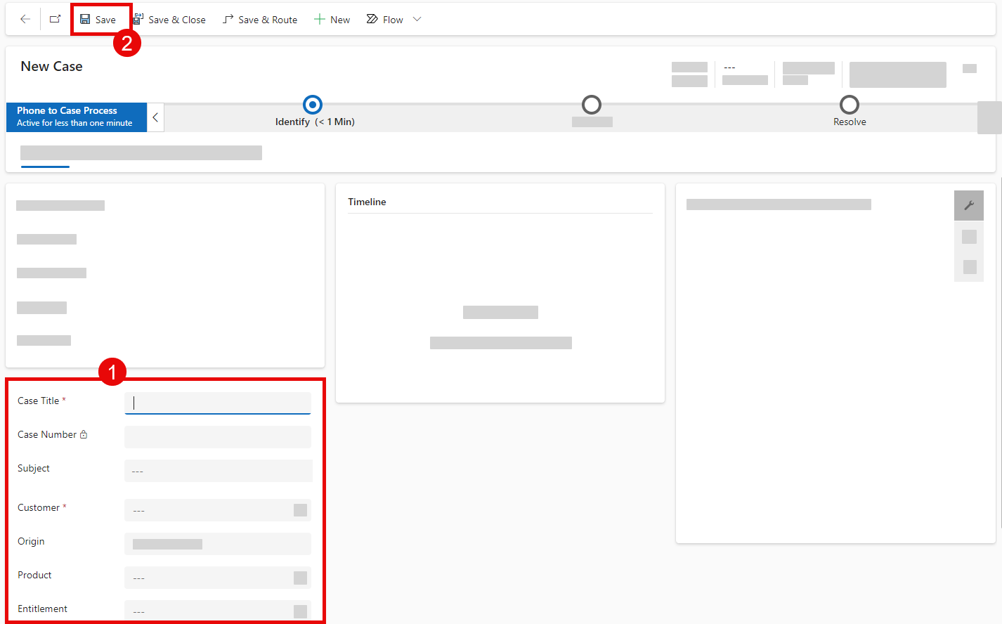 The 'case' form in Dynamics 365 Customer Service, with the steps to create a case marked