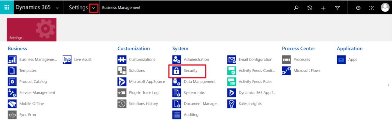 The drop down Settings menu in Advanced Settings, with Security highlighted