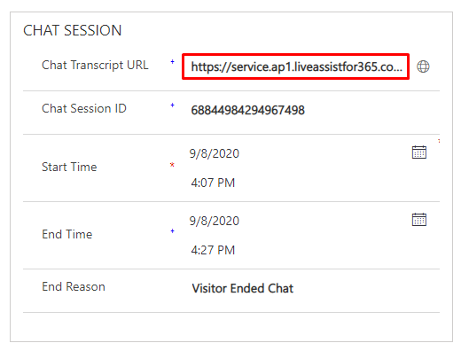 The Chat Session section of the Activity page, with the Chat Transcript URL highlighted