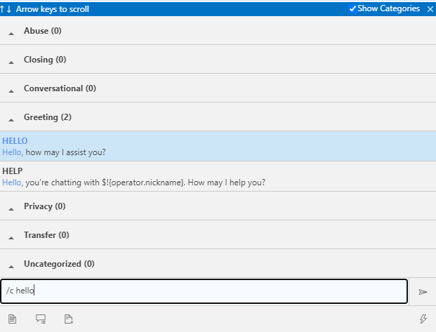 The agent widget with /c entered into the conversation box and the predefined content menu visible
