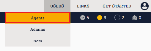 The Live Assist Admin Portal with the Users menu open. The Agents menu item is highlighted in orange and with a red rectangle.