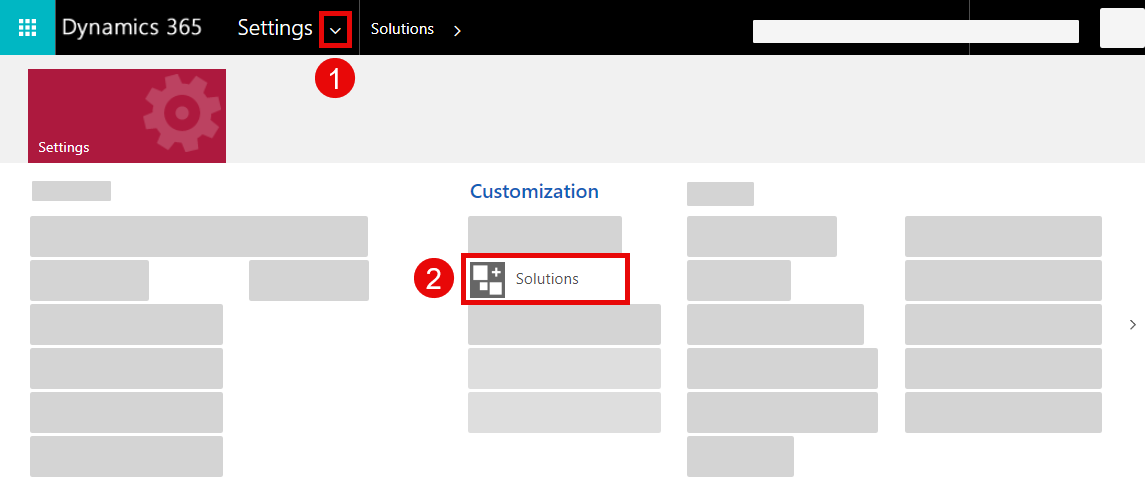 the Settings menu in Dynamics 365 with Solutions selected