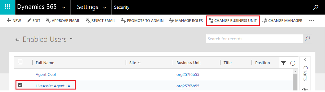 The Dynamics 365 Users list with Change Business Unit selected