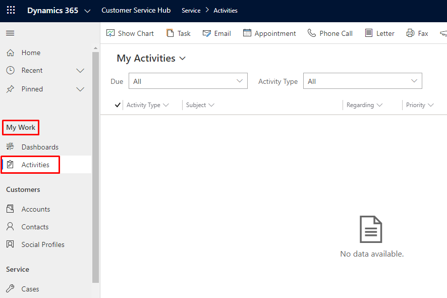 The Activities link is highlighted under the My Work heading of the left navigation panel in the Dynamics 365 Customer Service Hub app