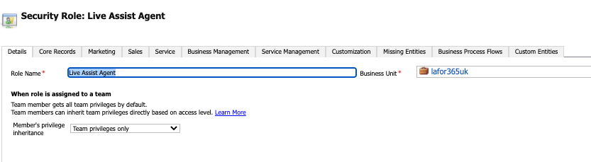 The Security Role 'Live Assist Agent' open to the Details tab and showing the Role Name