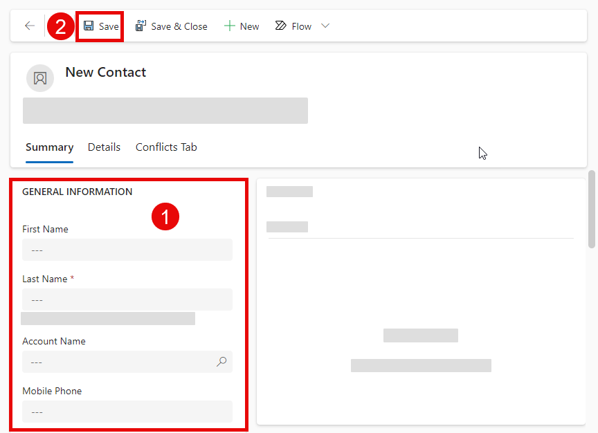 The new contact form in the Dynamics 365 Customer Service app, with the save button highlighted.