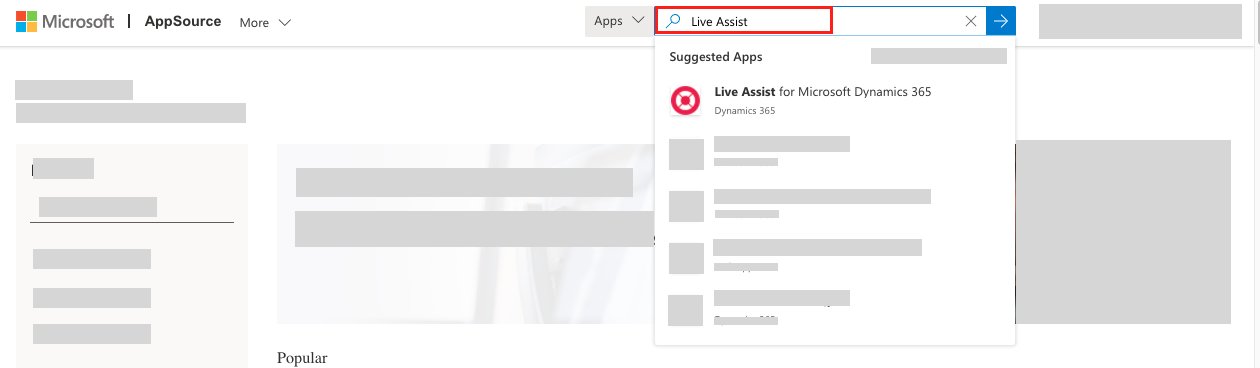 Microsoft AppSource with Live Assist for Microsoft Dynamics 365 shown in the search results