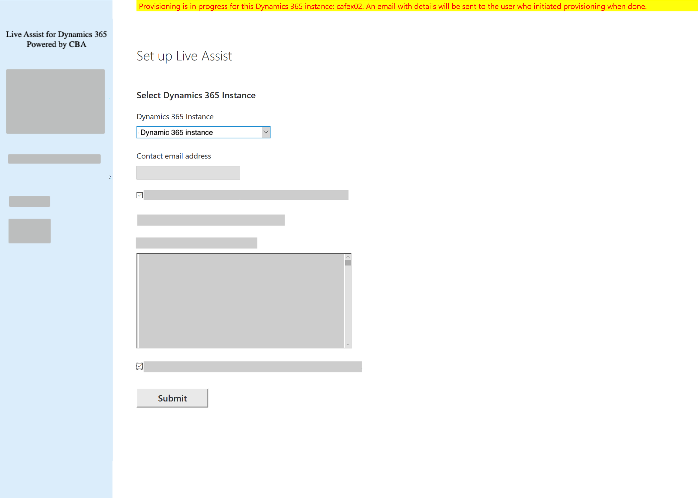 The LAD365 provisioning form with a highlighted message at the top saying that provisioning is in progress