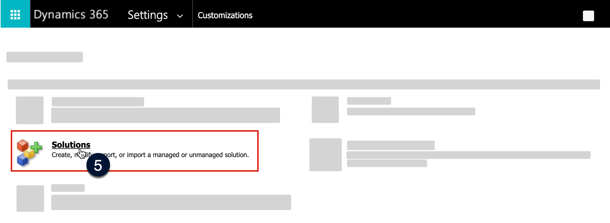 The solutions link in the customizations menu in Dynamics is highlighted
