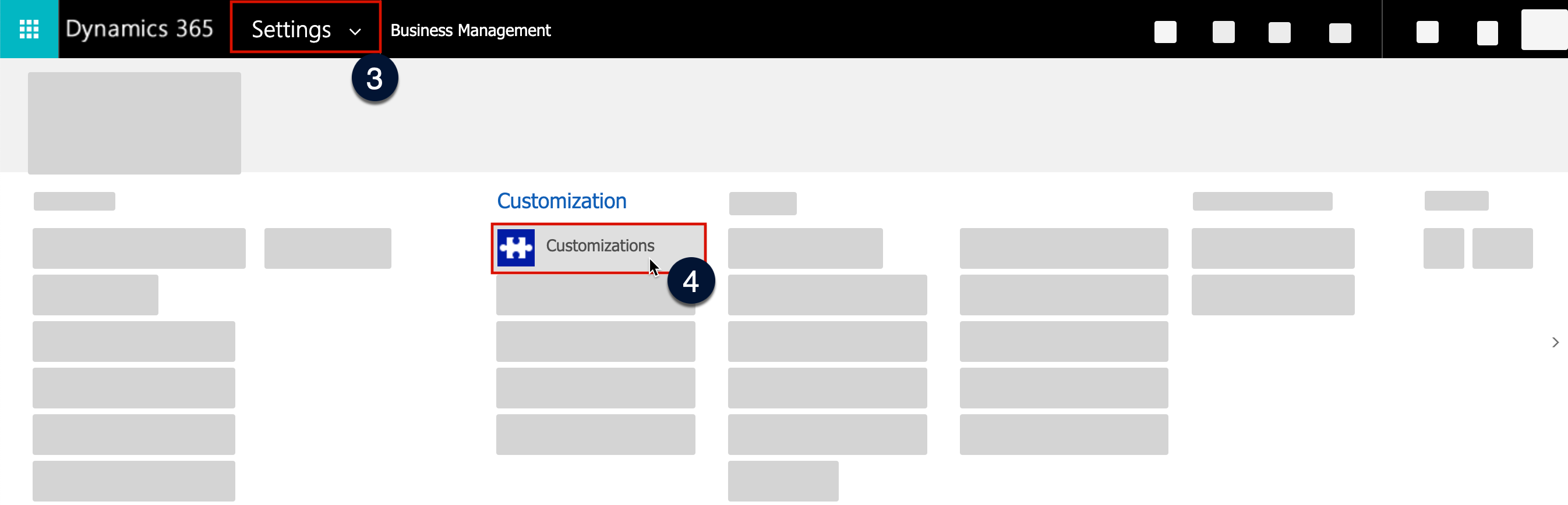 The Dynamics Settings app is open with the Customizations option highlighted