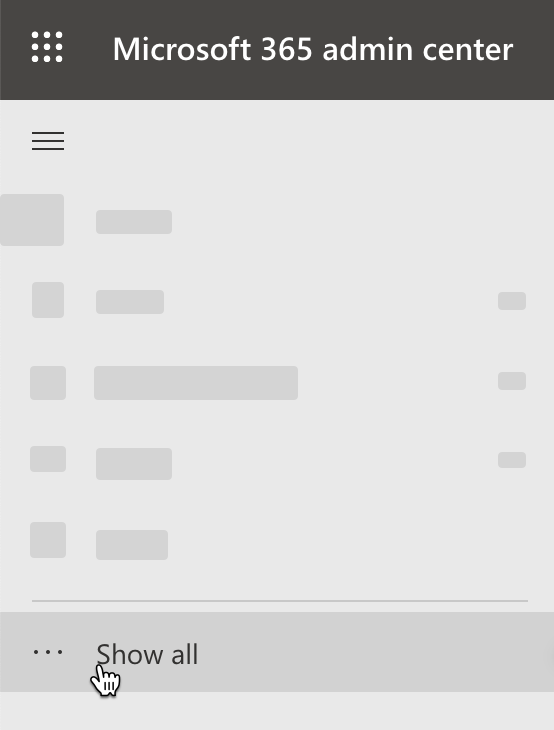 The Show All button is highlighted in the Microsoft 365 admin center left navigation pane