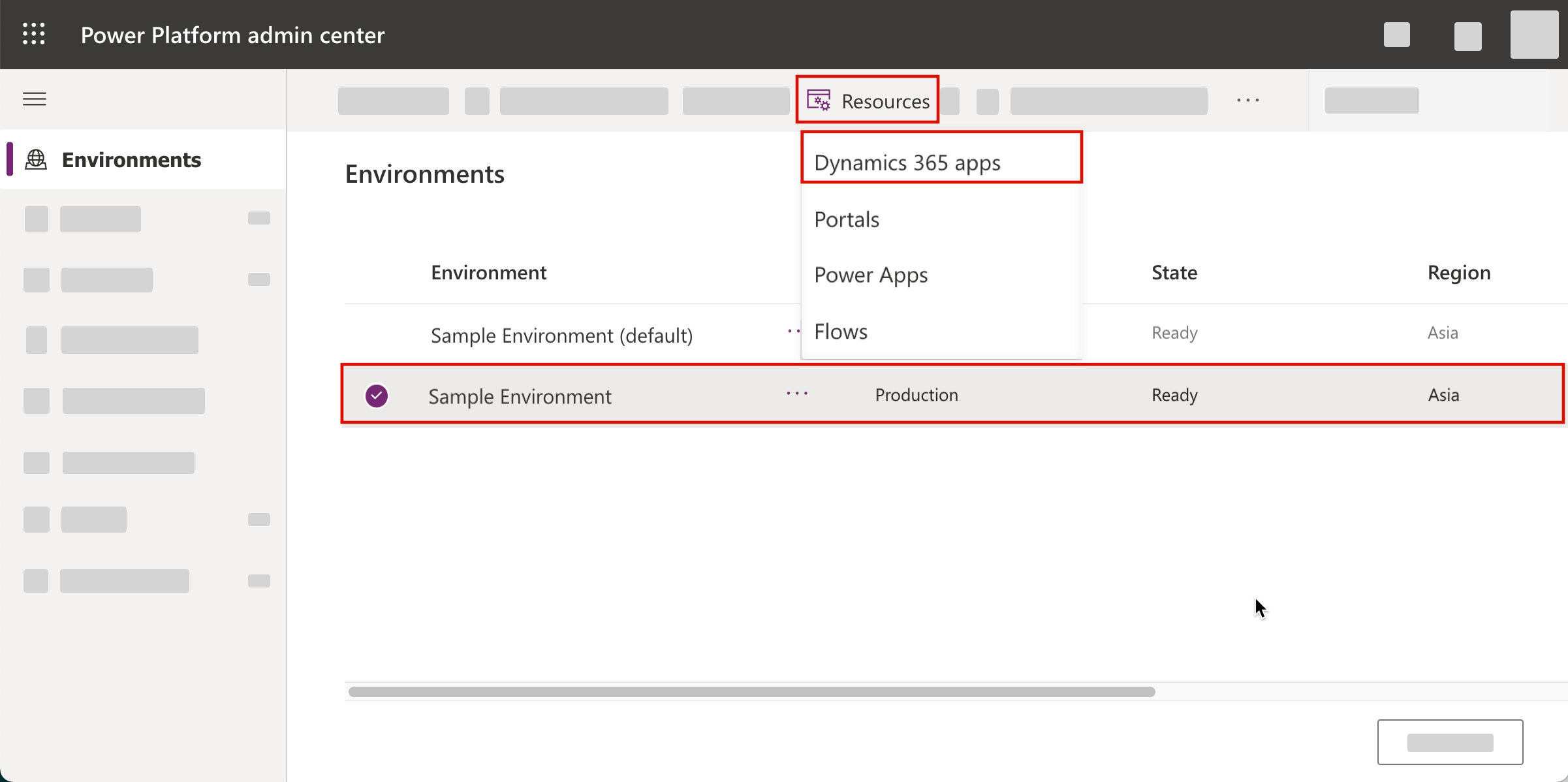 A sample environment is selected in the Power Platform admin center and the Resources menu is open, with Dynamics 365 Apps highlighted in it