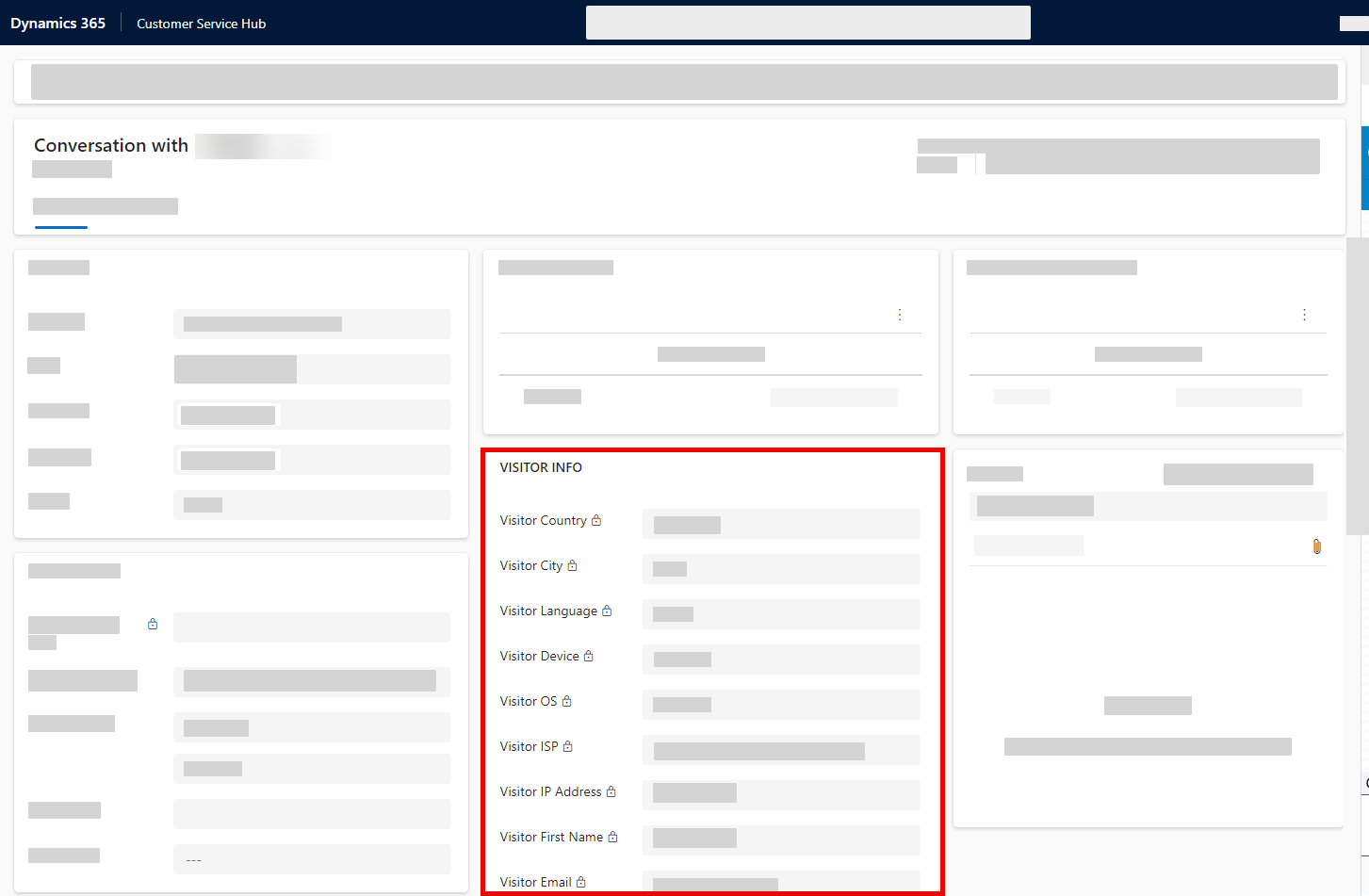 A conversation activity is open in the Customer Service Hub of Dynamics 365 and the visitor info section is highlighted