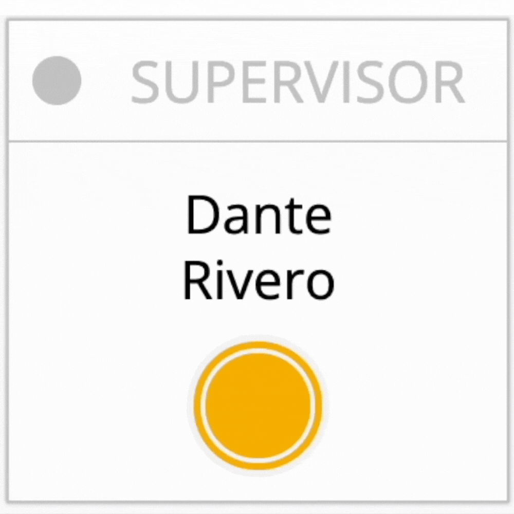 An animated gif shows a user card with a yellow circle, showing the agent is active. The word Supervisor at the top of the card is grey, showing that this agent is not a supervisor. The mouse cursor clicks on the word Supervisor and the area behind it lights up in red while the word turns white. This shows that the agent is now a supervisor.
