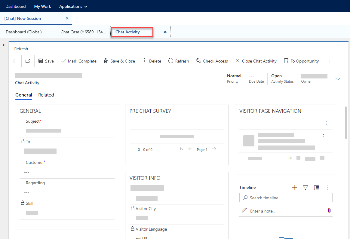 A chat activity record open in the Unified Service Desk (USD) of Dynamics 365