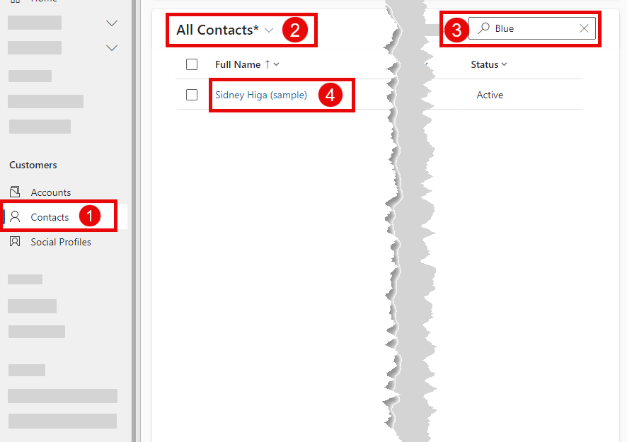The contacts search form in Dynamics 365 Customer Service Hub, with the steps to search for a contact annotated