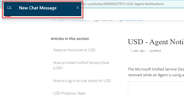 A pop-up notification from the Unified Service Desk (USD) appears in front of a web browser that is displaying a KB article