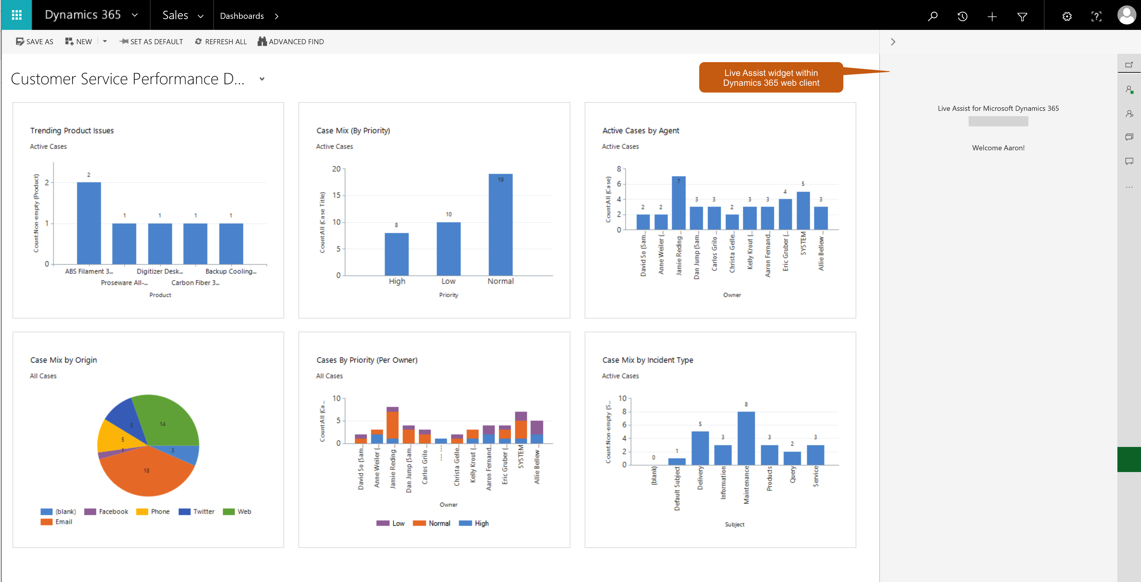 The Dynamics 365 Sales app with the Live Assist Agent Widget shown on the right side of the widow