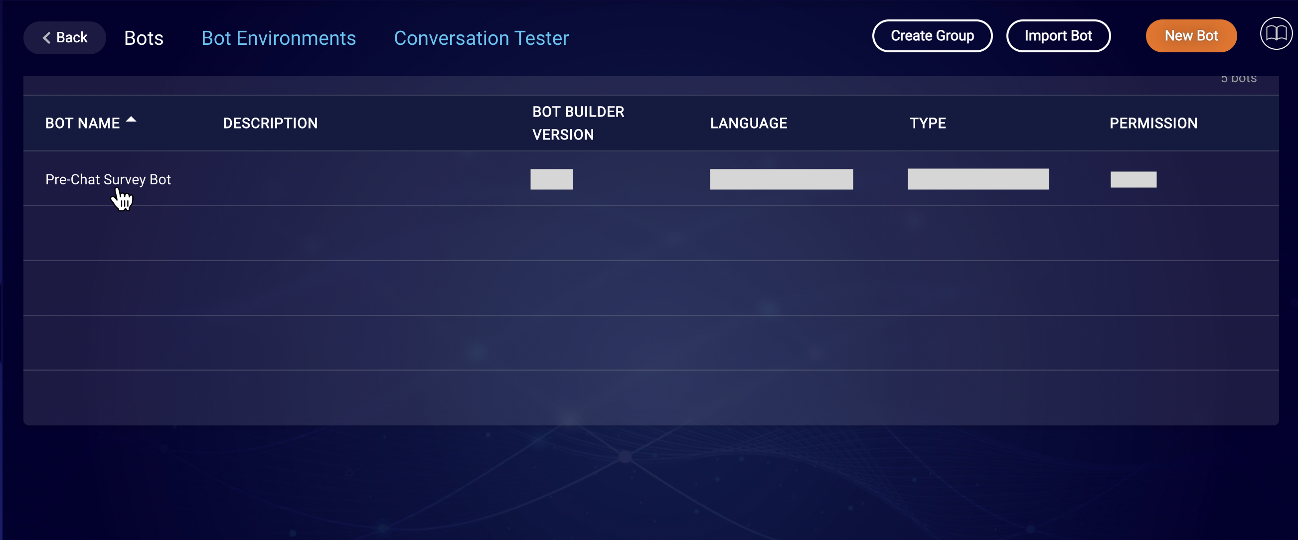 The Pre-Survey bot in the Bot list in the Conversation Builder