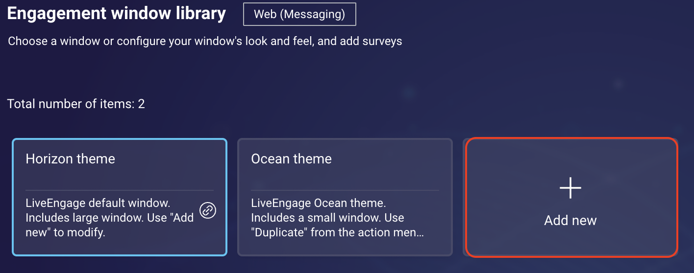 The add new button is highlighted in the Engagement Window Library