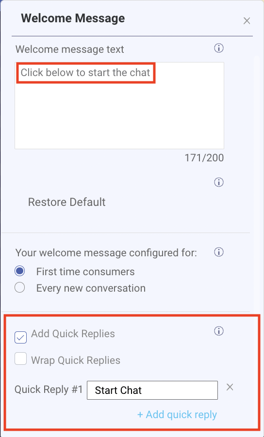 The engagement setting with quick reply 1 set to Start Chat