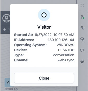 Visitor information pannel shows the engagement start time, IP address, operating system, device, type, and channel