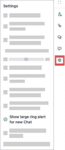 The settings (gear) icon is highlighted in the infographic and the setting for 'show large ring alert for new chat' is turned on in the menu