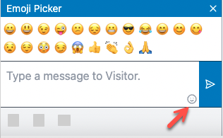 An annotated arrow in the inforgraphic points to the emoji icon in the message window of the agent widget, and an emoji picker panel is open showing a variety of emojis
