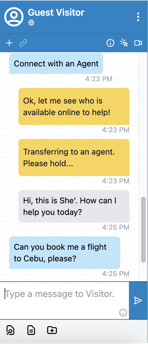 Conversation transcript showing two visitor messages in blue, two bot messages in yellow, and one agent message in grey