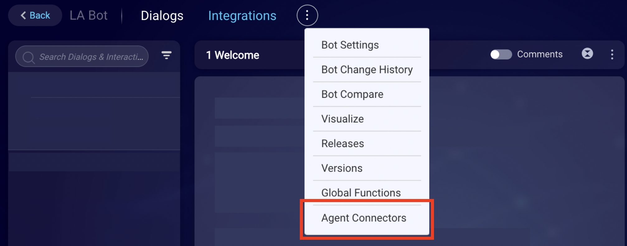 A menu is open from the Vertical Ellipsis or three Dots icon on the Conversation Builder page for the bot agent named LA Bot. The Agent Connectors menu option is highlighted.