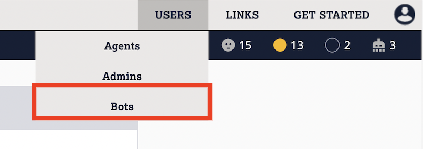 The users menu of the LAD365 Admin Portal, with the Bots entry highlighted