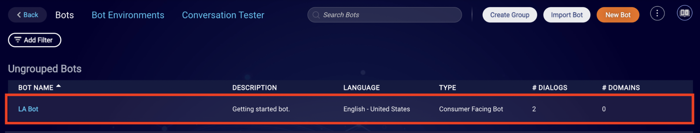 The Bots list on the Conversation Builder page of the Engagement Portal. A bot agent named LA Bot is highlighted in the Ungrouped Bots list.