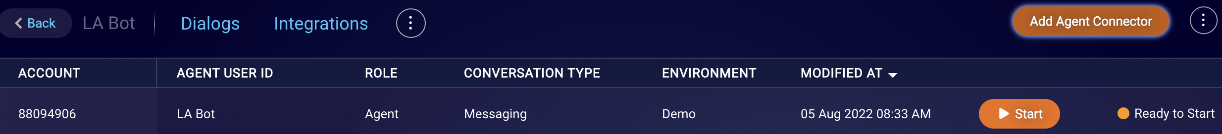 The location of the Start button is shown in the Integrations list for the bot agent