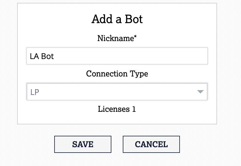 The Add a Bot dialog in the LAD365 Admin Portal