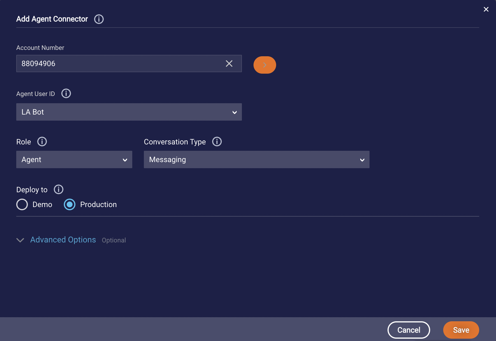 The Add Agent Connector dialog in the Conversation Builder. The Agent User ID has been set to LA Bot, the role to Agent, the Conversation Type to Messaging, and the Deploy to setting to Production.