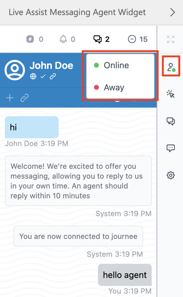 The LAD365 Agent Widget. The agent status menu is open, showing status options of Online and Away.