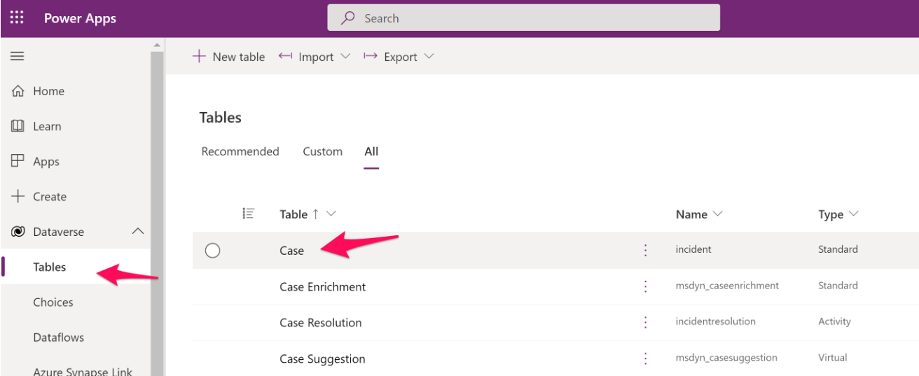 The Power Apps portal open to the Tables page and the All tab.