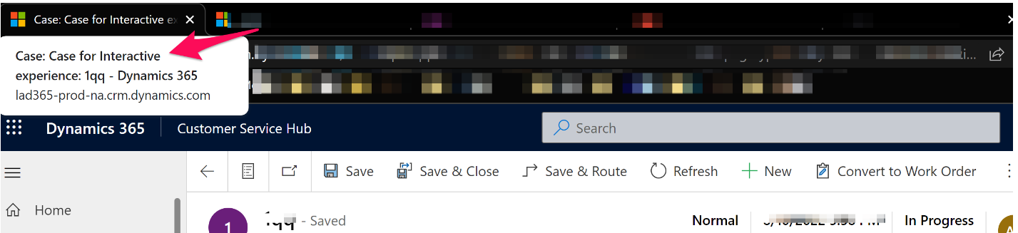 A web browser open to the Case form in the Dynamics 365 Customer Service Hub. The mouse cursor is hovering over the browser tab. A tooltip has appeared on hover that shows the full name of the form as Case for Interactive experience.