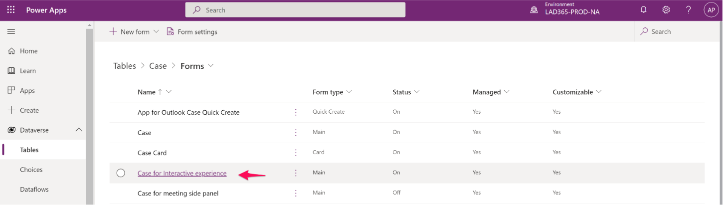 The forms page on the Case table in the Power Apps portal