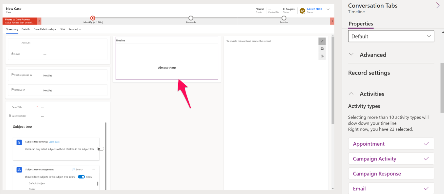 The Case for Interactive experience form open in the form editor, with the Timeline section highlighted. A panel has opened on the right side of the page called Conversation Tabs for Timeline. The Activities heading is expanded.