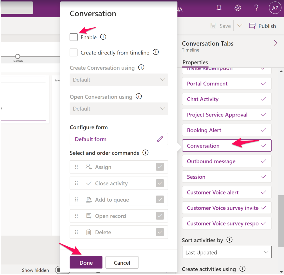 The Conversation popup as opened by clicking on the Conversation list item in the Activities heading of the Conversation tabs popup.