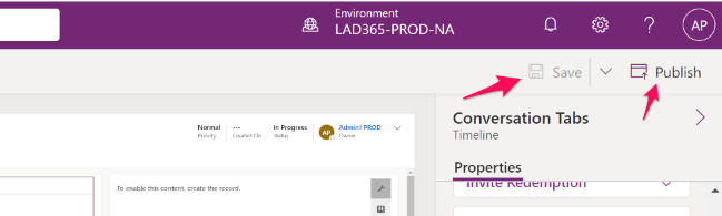 The upper right corner of the forms view showing the save and publish buttons